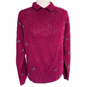 Vintage Collared Knit Sweater Cottagecore Floral Embroidered Magenta Womens Med